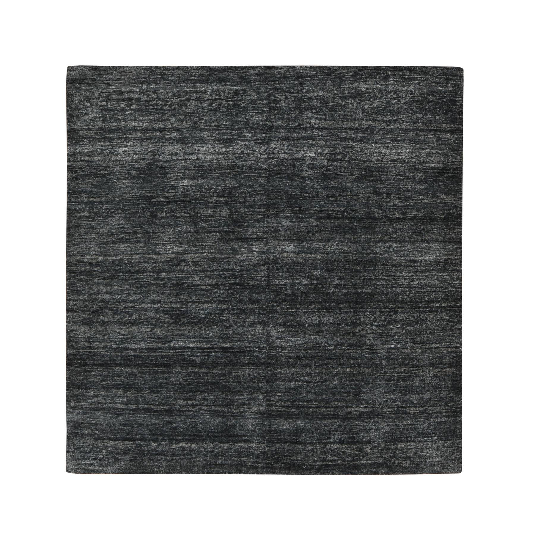 7'x7' Charcoal Black Shades, Modern Plain Design, 100% Silk, Hand Knotted, Square, Oriental Rug